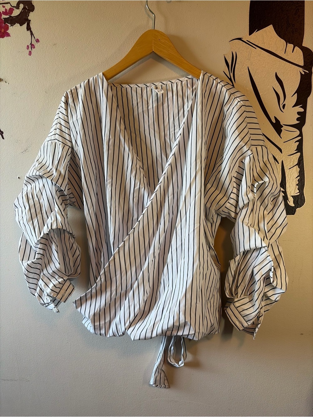 Striped Wrap-Front Blouse with Balloon Sleeves